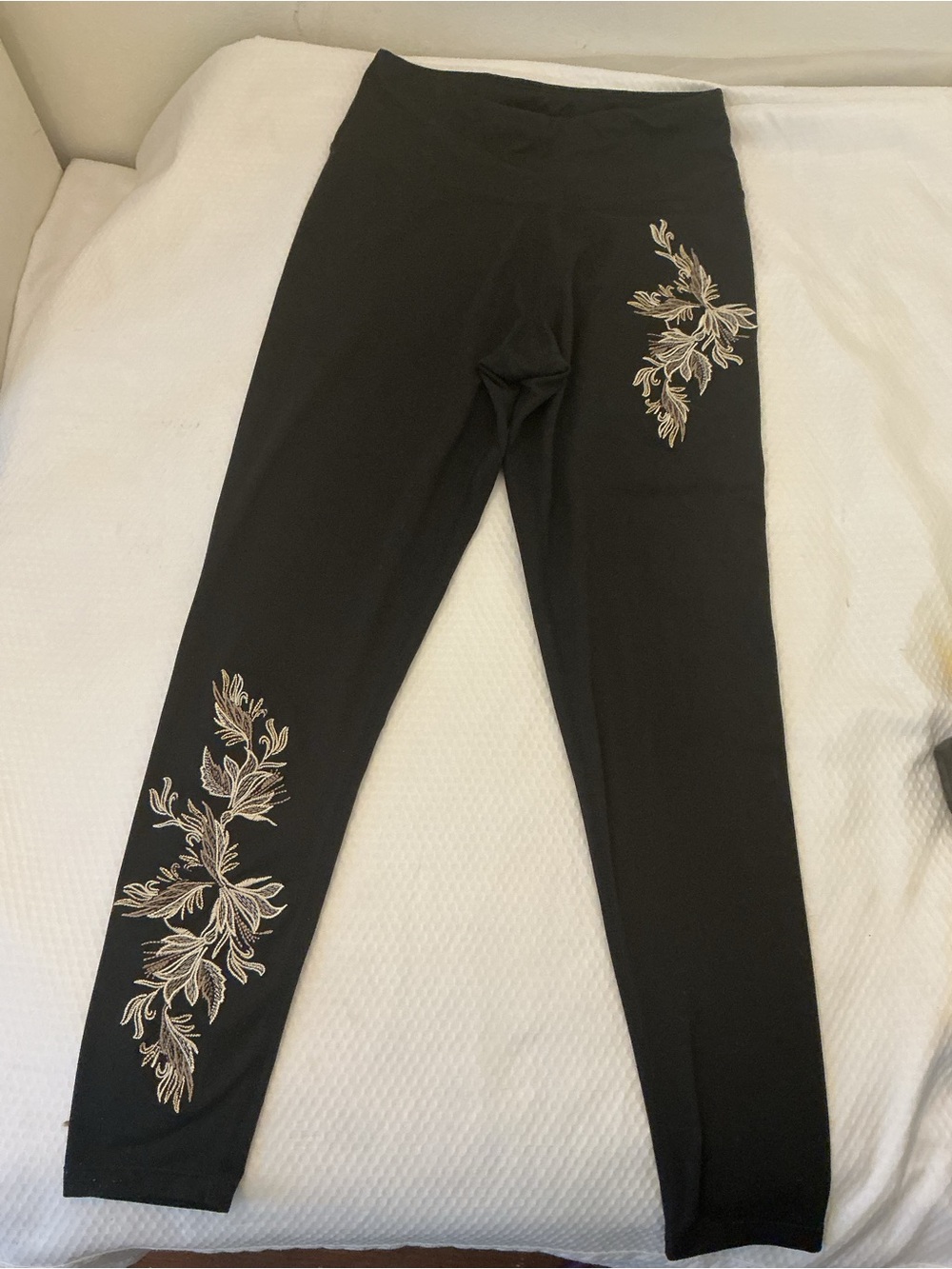 Betsey Johnson Black Leggings with Gold Floral Appliqué
